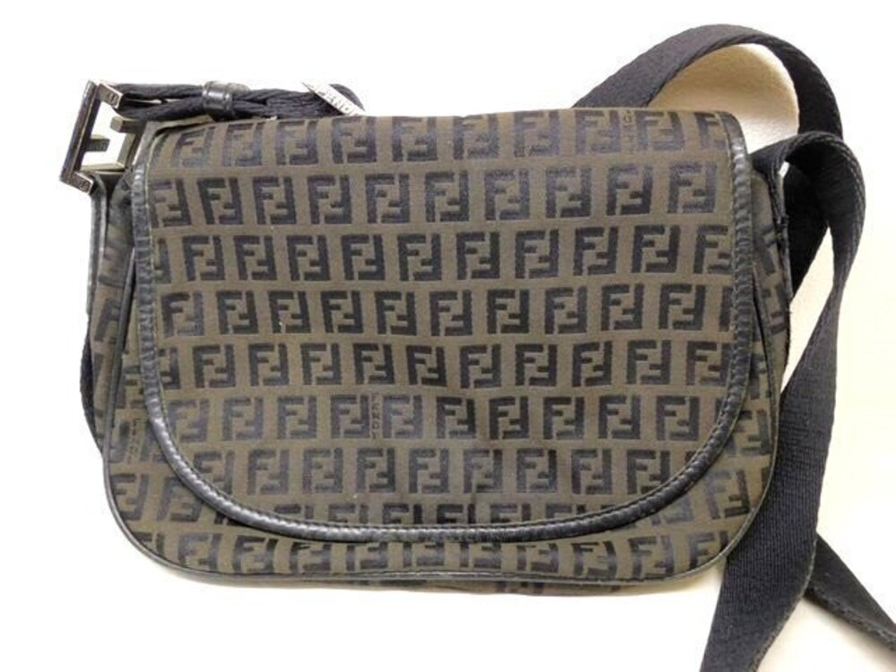 Fendi Zucchino Zucca Shoulder Bag Dark Brown Black